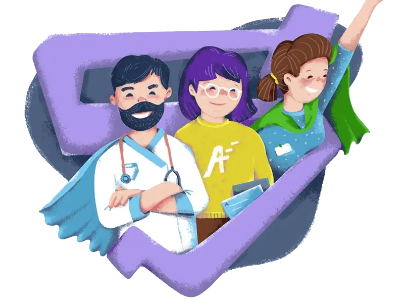 cureable website graphic design of a therapist standing alongside happy parents due to care growth of their child.