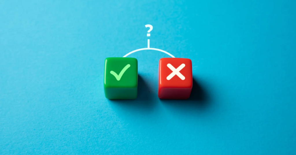 yes or no option for pivot or die with two dices one green with tick and one red with cross along with a line for question mark.